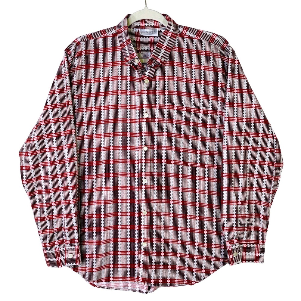 Expressions Mens Button Down Shirt Large Red Burgundy Geometric Grid Long Sleeve